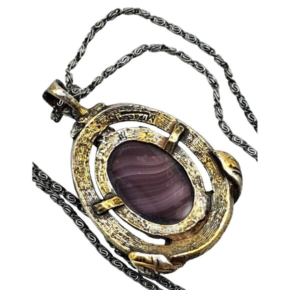 Porphryr Glass Necklace Purple Pendant Signed Miracle Celtic Vintage Costume Jew - Picture 6 of 8